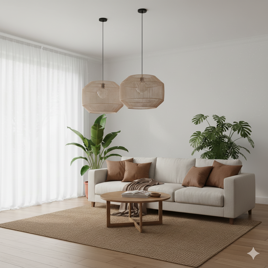 Modern living room with a white sofa, wooden coffee table, and hanging wicker lamps.