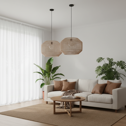Modern living room with a white sofa, wooden coffee table, and hanging wicker lamps.