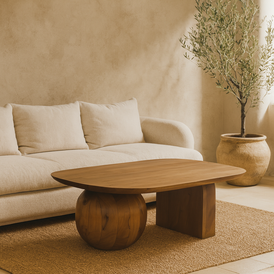 Wooden coffee table in front of a beige sofa with a plant in the background