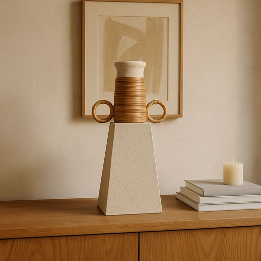 Decorative vase on a wooden shelf with abstract art in the background