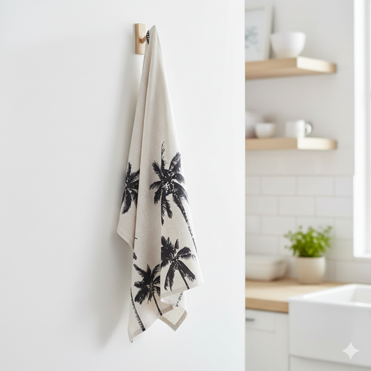 Towel with palm tree design hanging on a wall in a bathroom.
