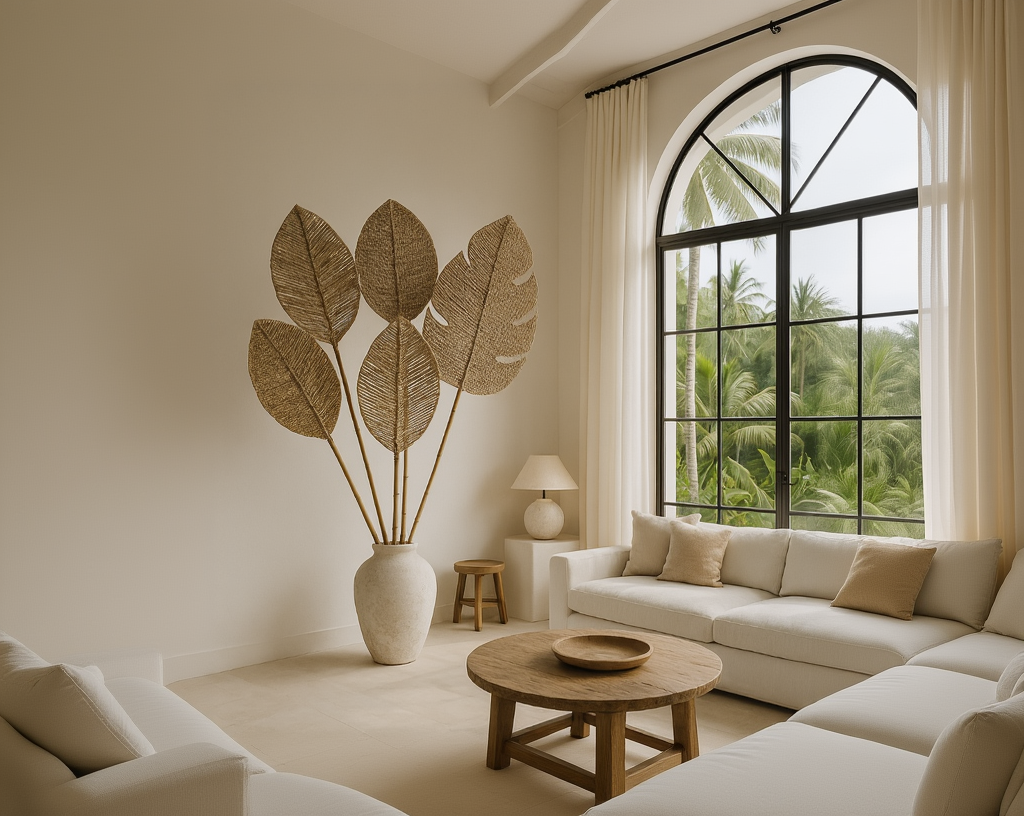 Living room with beige walls, a large window, and decorative elements.