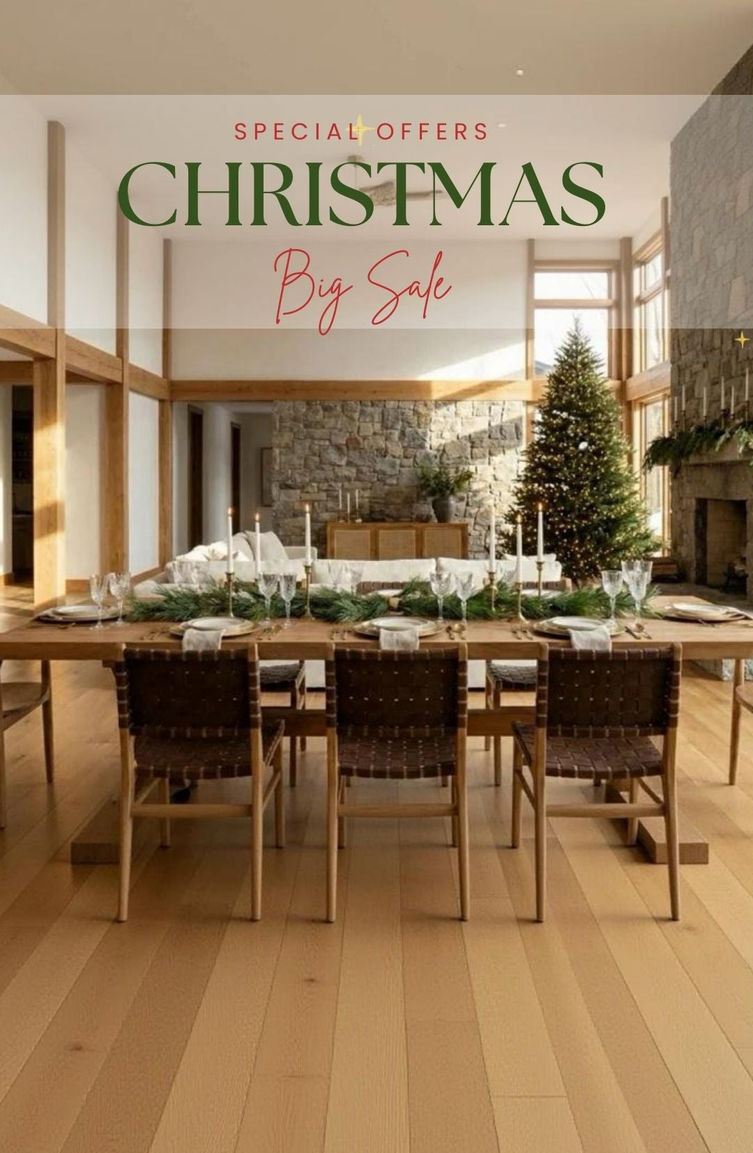 Dining room with Christmas decorations and a special offers banner.