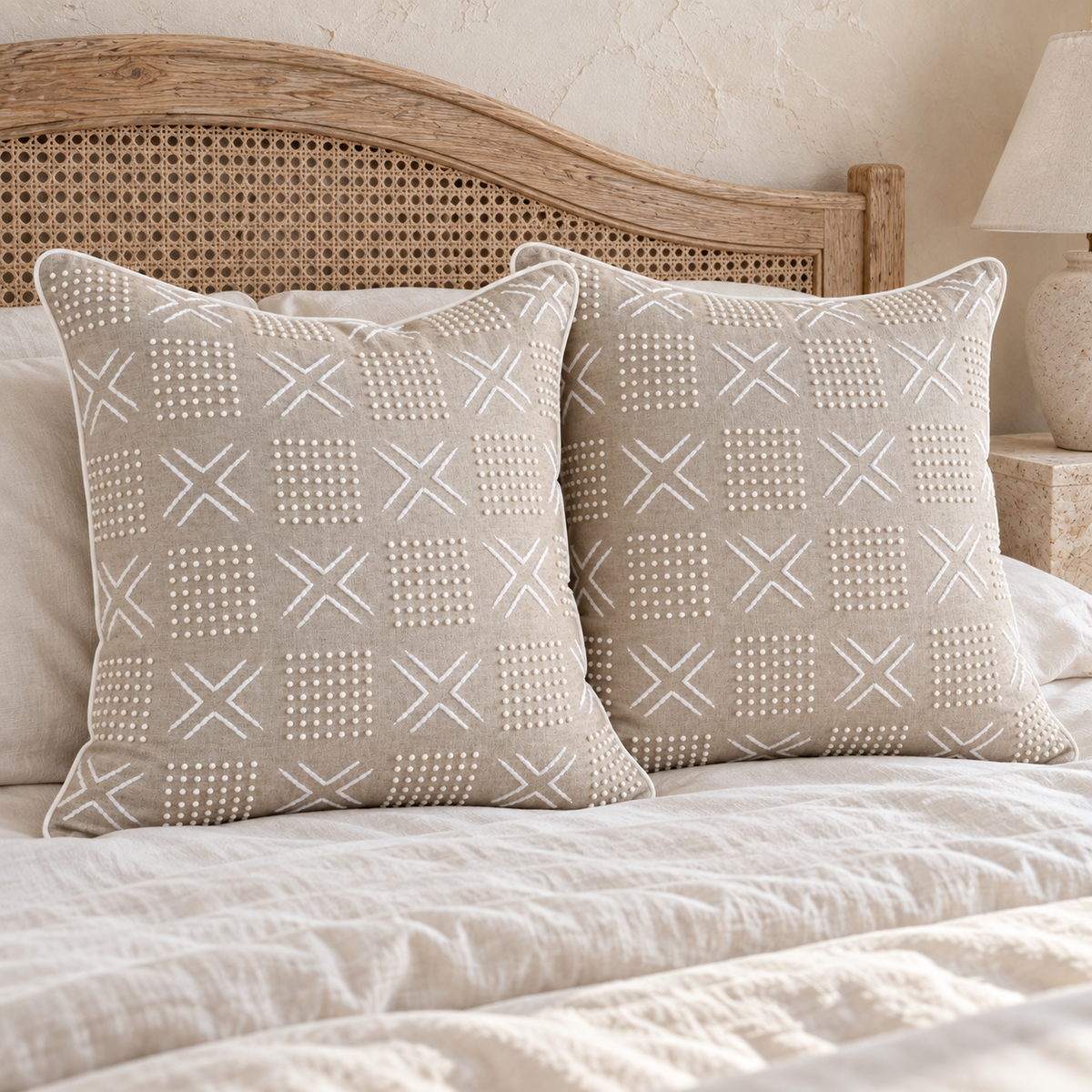 White Mudcloth Beaded & Embroidered Linen Pillow Cover