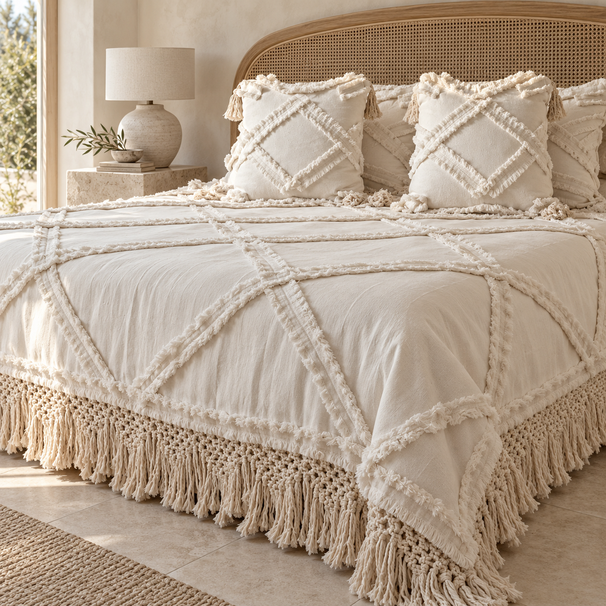 Laia Macrame Fringe Cotton Bedspread – Natural