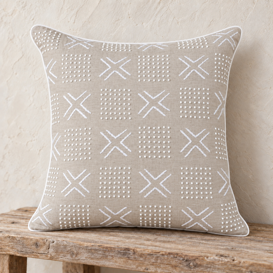 White Mudcloth Beaded & Embroidered Linen Pillow Cover