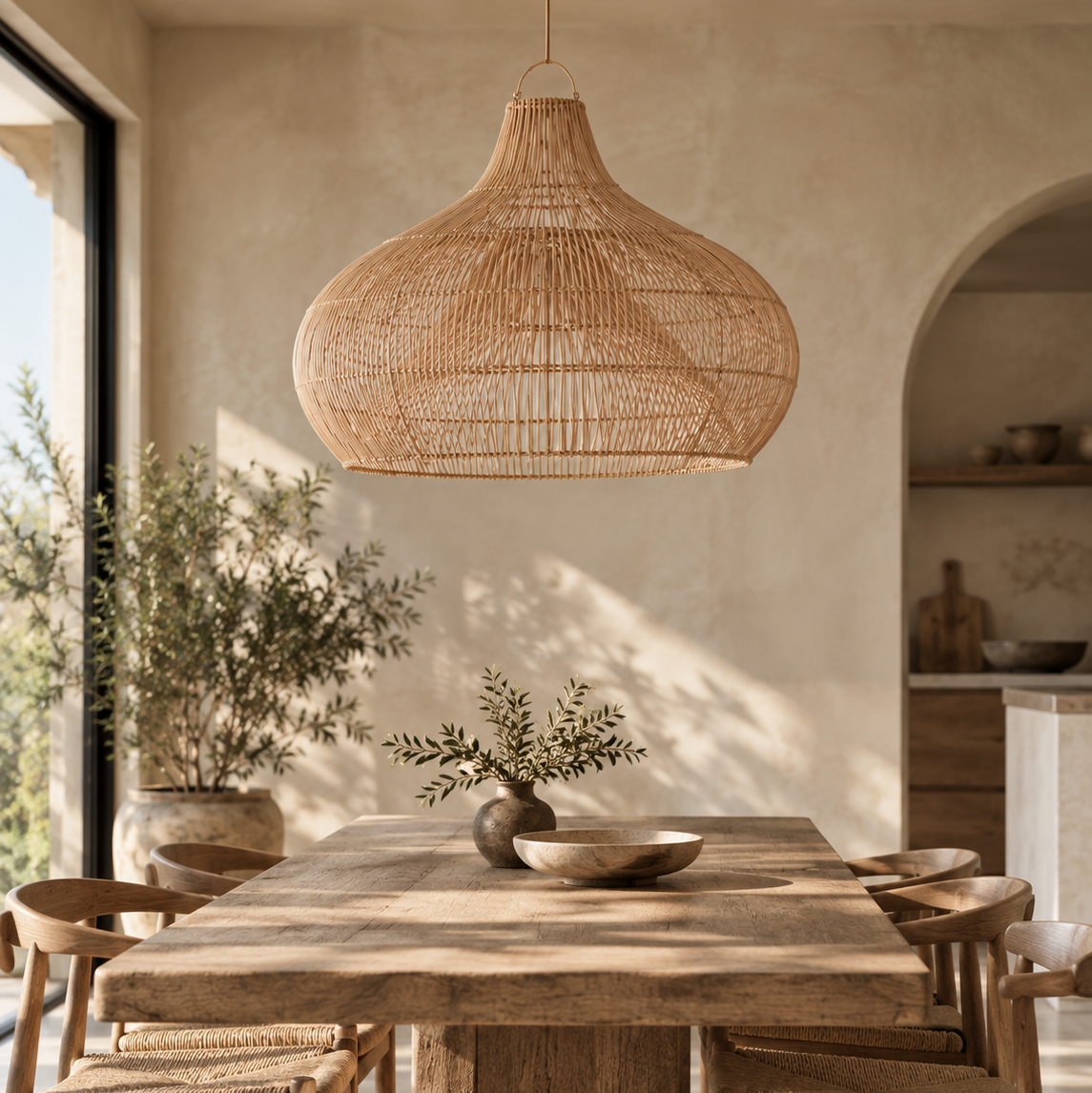 A large woven rattan pendant light hangs over a rustic wooden dining table in a warm, sunlit room with beige walls, woven chairs, and potted plants.