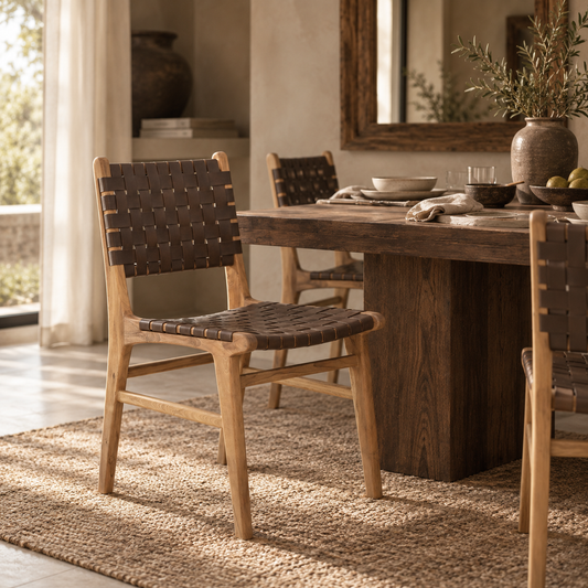 Gatlin Solid Teak Dining Chair with Woven Leather Seat & Back