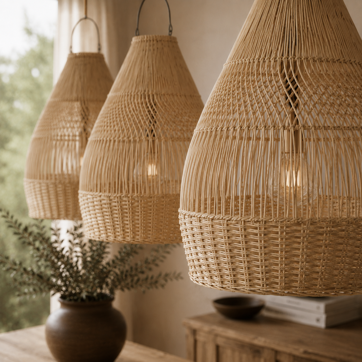Three woven pendant lights hanging in a room with a plant and wooden surface.