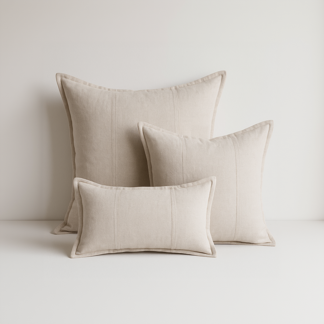 Three beige pillows of different sizes on a light background