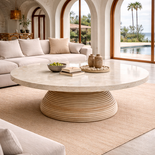 Santiago Sculptural Rattan Coffee Table – Marble or Wood Top