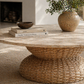 Sabine Coffee Table | Round Marble Top with Rattan & Solid Wood Frame