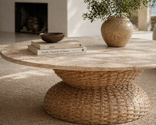 Sabine Coffee Table | Round Marble Top with Rattan & Solid Wood Frame