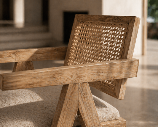 Enya Hardwood Arm Chair – Handwoven Rattan Back with Cushioned Seat