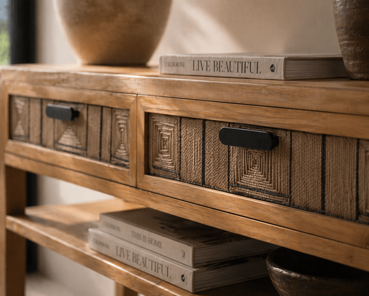 Makaya Artisan Teak Wood Console Table with Woven Drawers