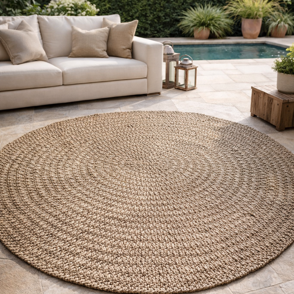 Round woven rug on a stone patio with a beige sofa and outdoor setting.