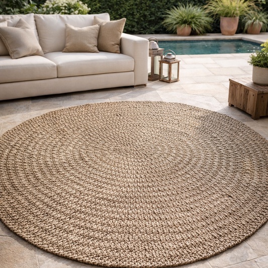Round woven rug on a stone patio with a beige sofa and outdoor setting.