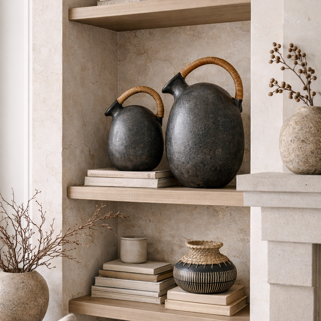 Decorative shelves with ceramic teapots, books, and decorative items in a neutral-toned room.