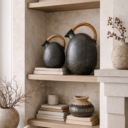 Decorative shelves with ceramic teapots, books, and decorative items in a neutral-toned room.