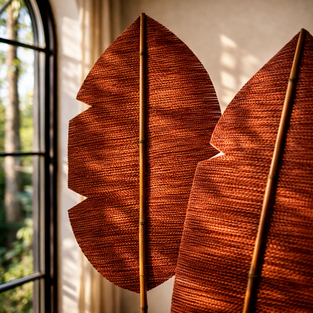 Burgundy Handmade Decorative Leaf – Natural Woven Wall & Floor Accent with Bamboo Stem