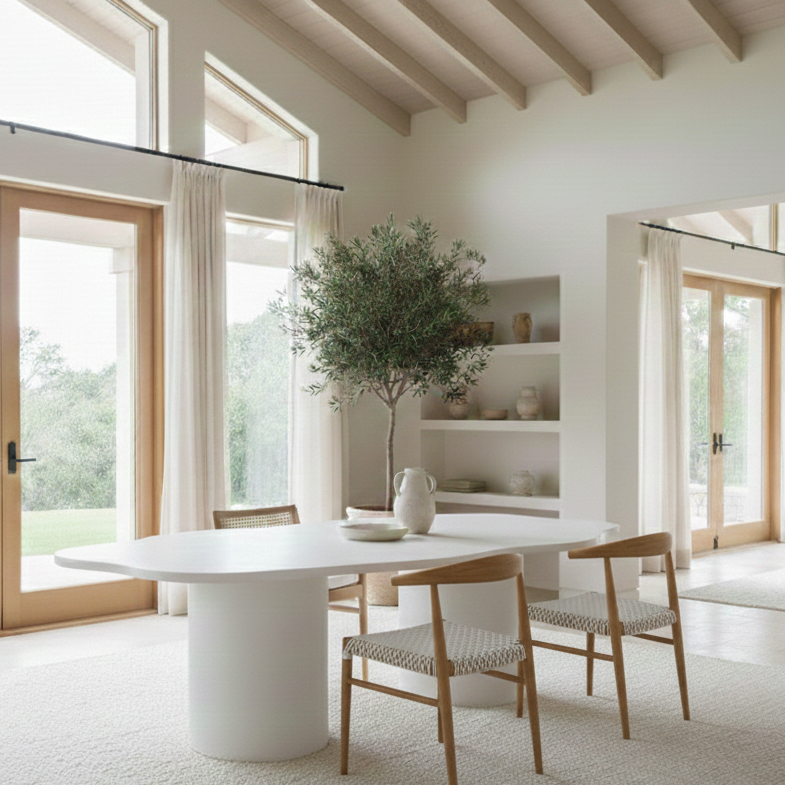 Modern dining room with a white table and chairs, large windows, and a neutral color palette.