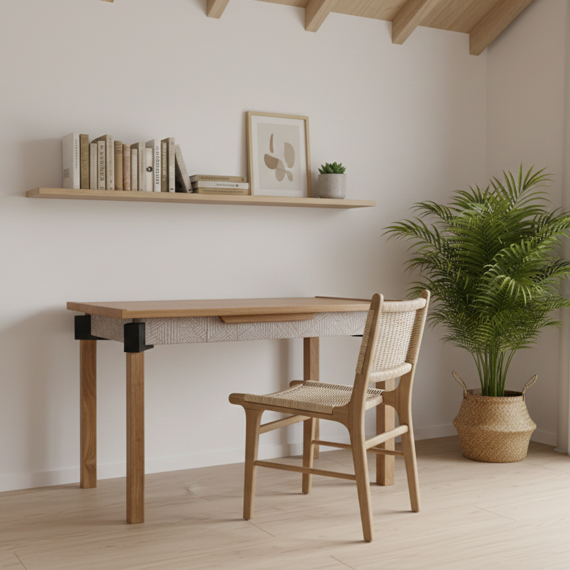 Makira Teakwood Workdesk with Carved Drawer & Industrial Accents