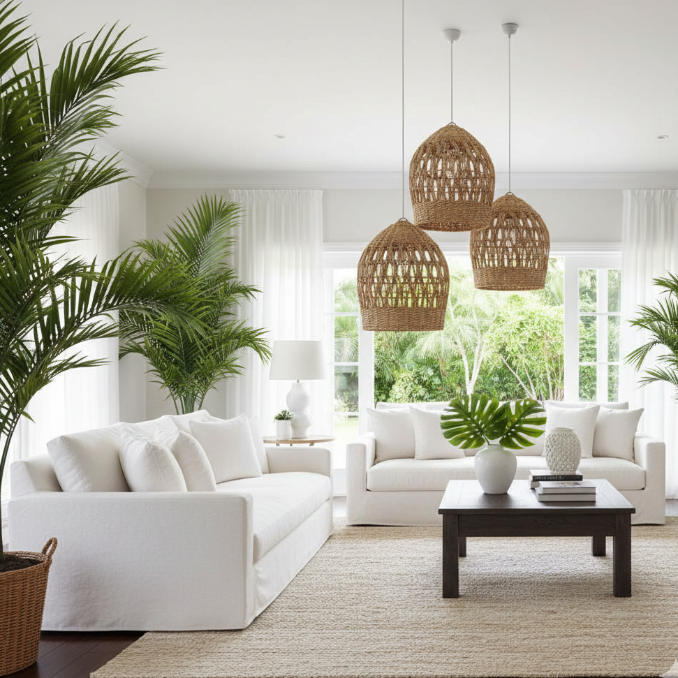 Modern living room with white sofas, a coffee table, and decorative plants.