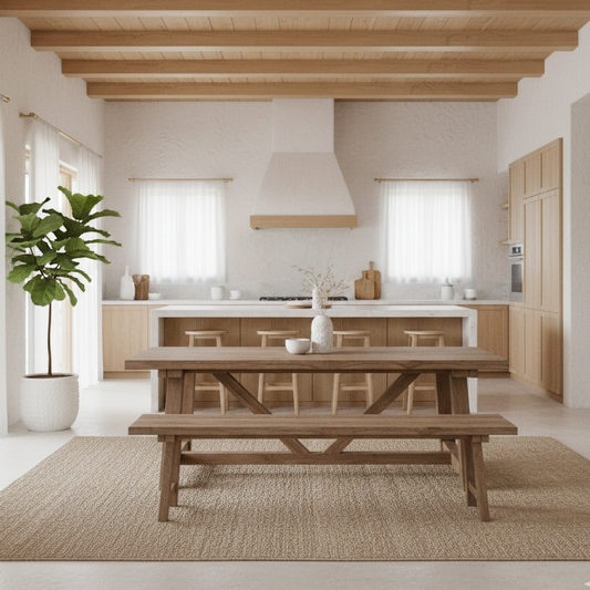 Modern kitchen with wooden dining table and bench, white cabinets, and a plant.