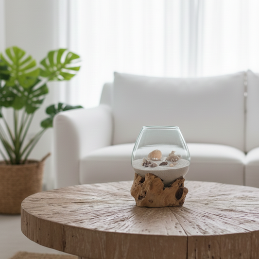 Nusa Hand-Blown Molten Glass Vase on Natural Driftwood Base