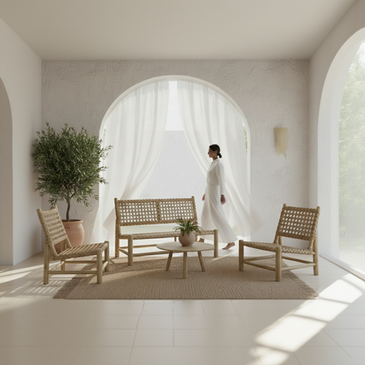 Wicker furniture set in a bright room with white curtains and a plant.