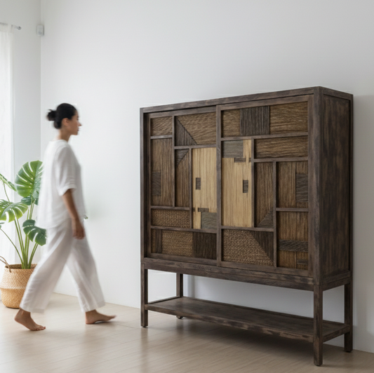 Woman walking past a wooden cabinet in a modern living room