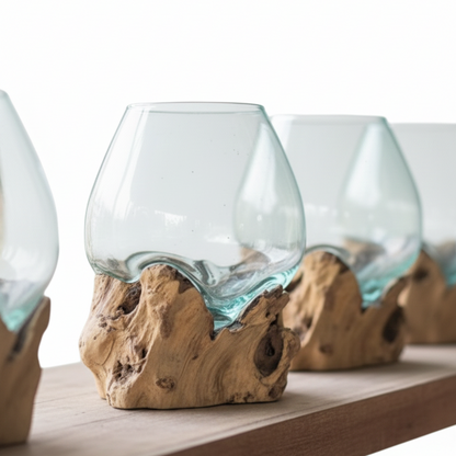 Nusa Hand-Blown Molten Glass Vase on Natural Driftwood Base
