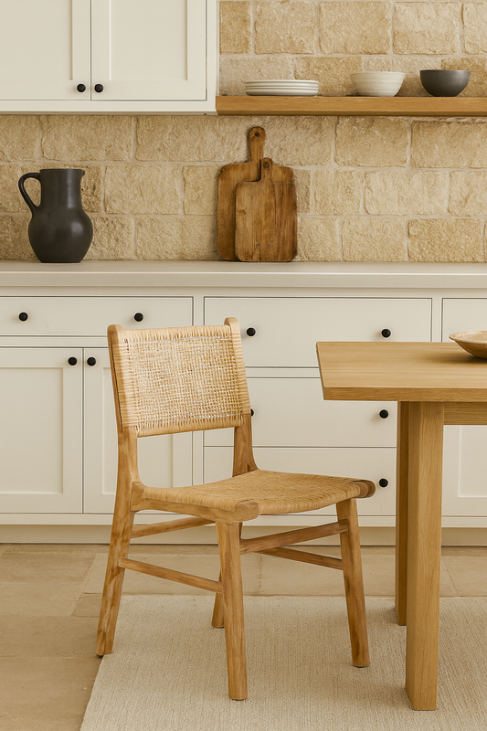 Wooden chair and table in a kitchen setting with beige tiles and white cabinets.