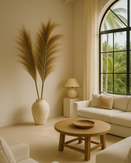 Living room with beige walls, a large window, a vase with tall grasses, a wooden coffee table, and a beige sofa.
