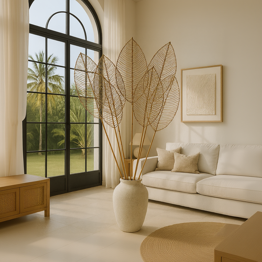 Living room with a large vase containing leaf-like decorations, a beige sofa, and a large window.