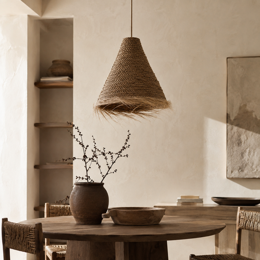 Handwoven Fringe Pendant Light Shade | Handmade Natural Fiber Ceiling Shade from Bali