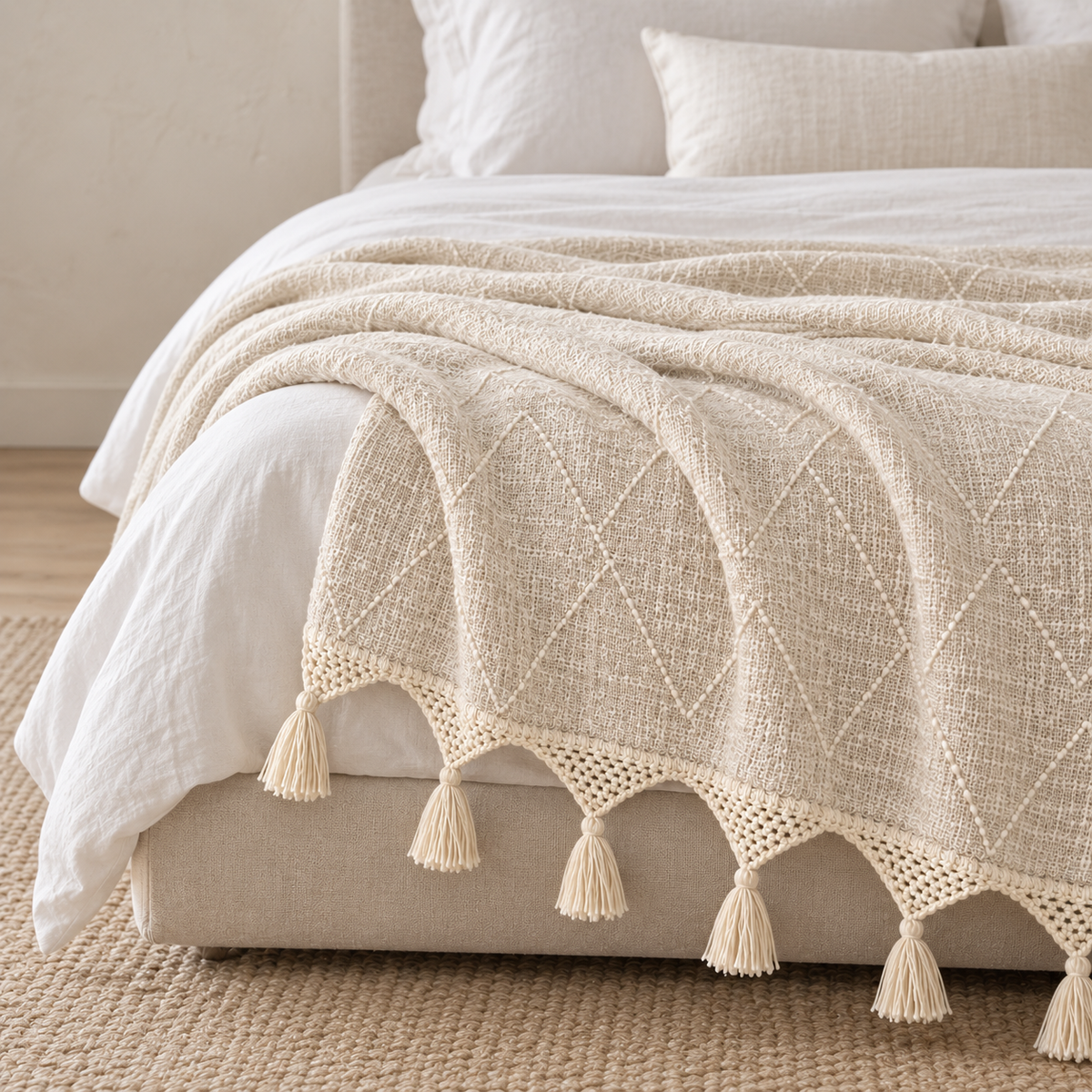 Cream Organic Cotton Throw with Macramé Fringe