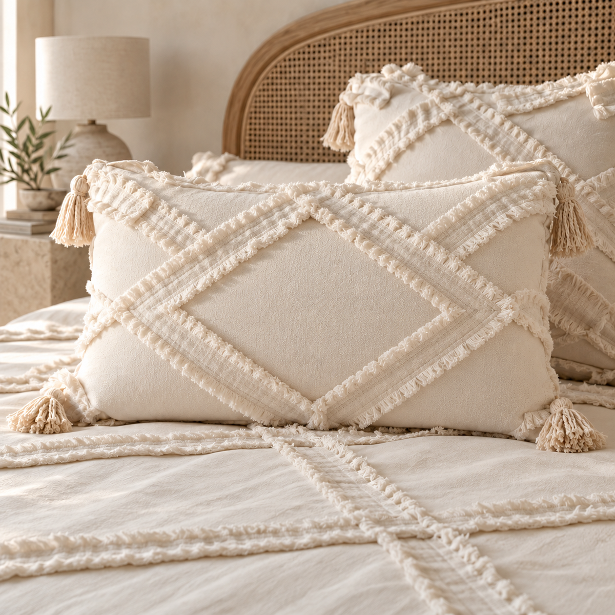 Cream-colored textured throw pillows with tassel accents and geometric braided patterns, styled on a bed with a matching quilt in a warm, bohemian bedroom setting.