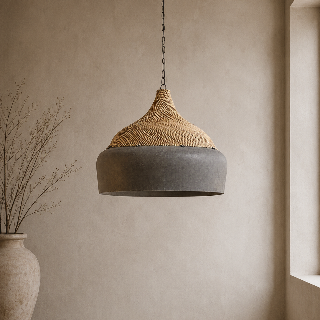 Bent Lamp | Cement Fiber & Rattan Designer Pendant Light