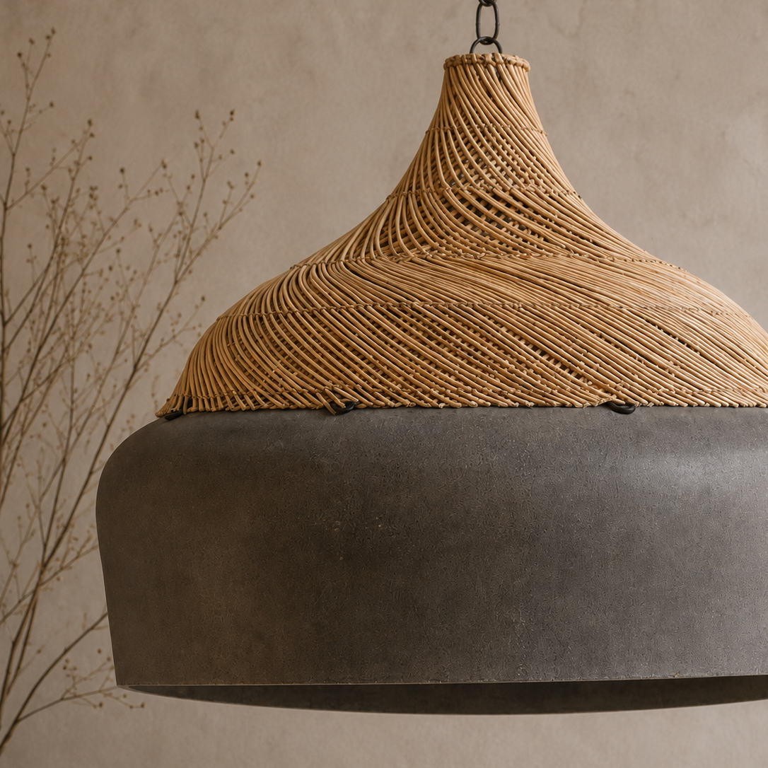 A pendant light fixture with a dark gray concrete bowl shade and a natural woven straw cone top, hanging against a textured beige wall.