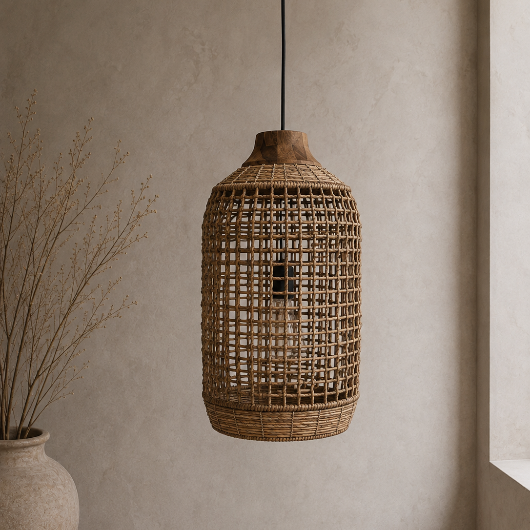 A woven rattan pendant light hanging from a black cord in a minimalist room with a textured beige wall and floor, next to a large ceramic vase with dried branches.