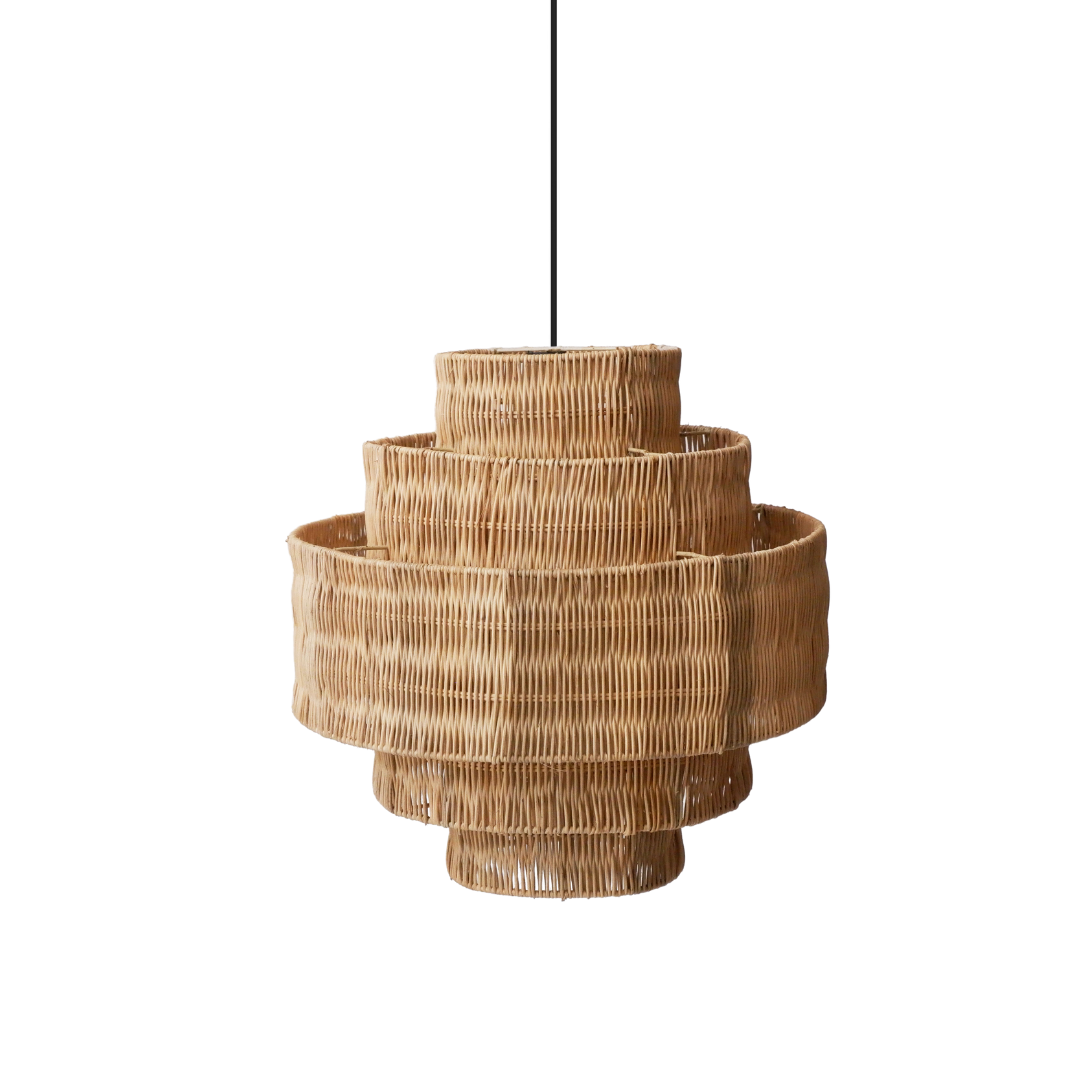 Set of three woven rattan pendant lights on a white background