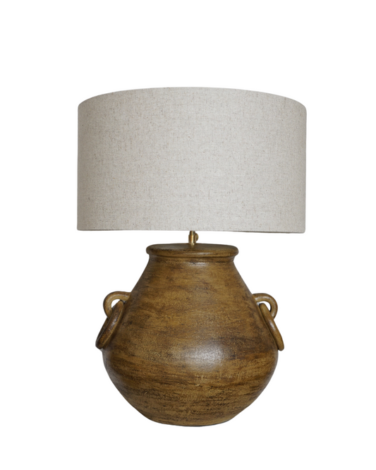 Mara Round Ribbed Terracotta Lamp with Natural Linen Shade