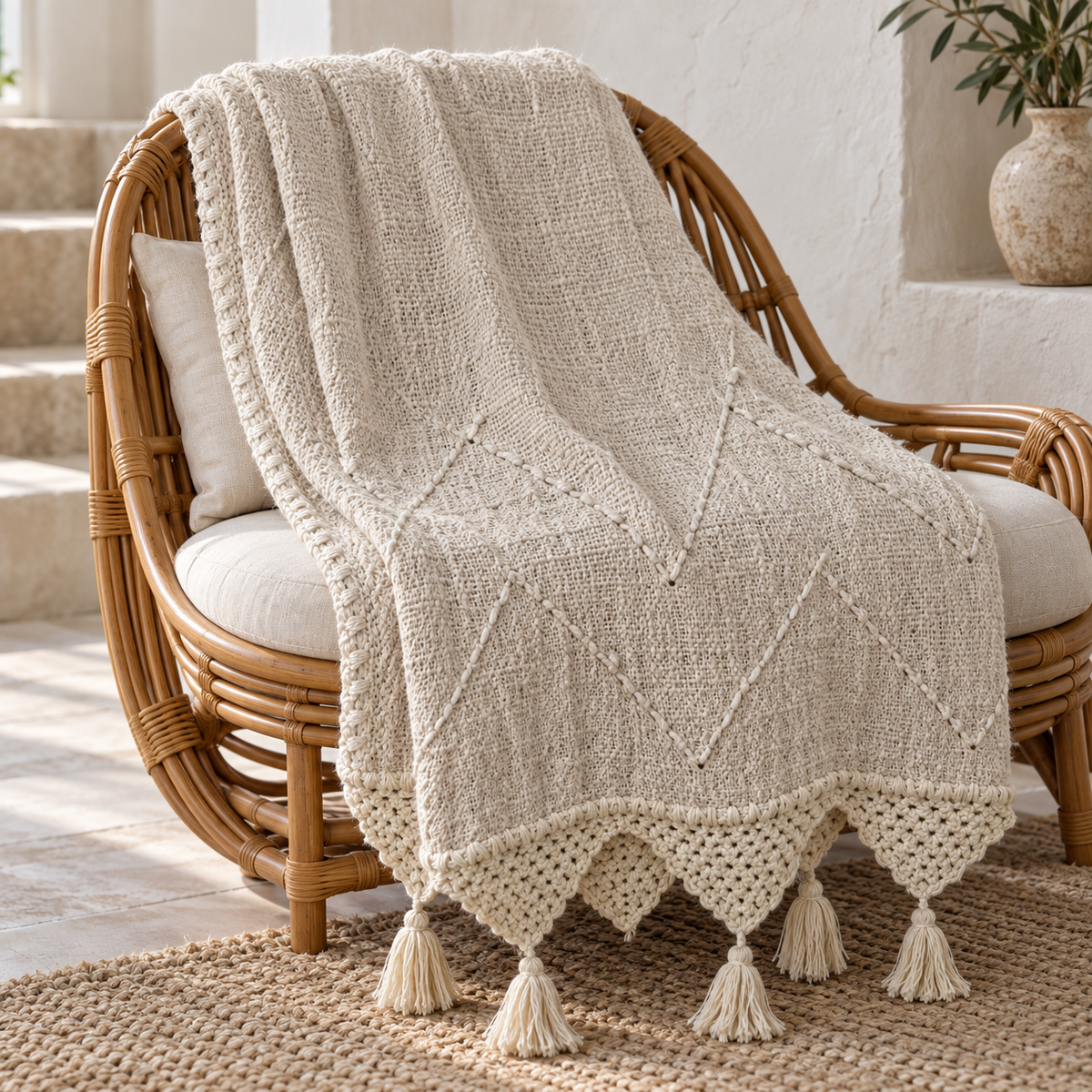 Cream Organic Cotton Throw with Macramé Fringe