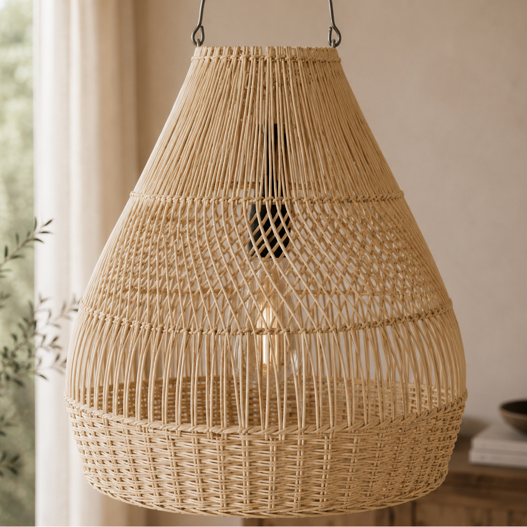 Woven rattan pendant light hanging indoors with a neutral background