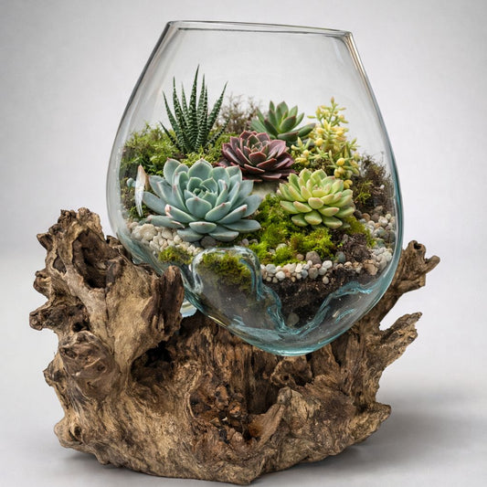 Terrarium with succulents in a glass container on a wooden base against a white background