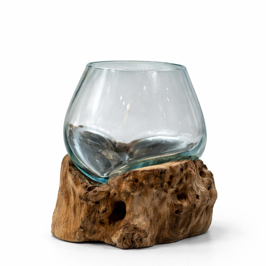 Handblown Glass Bowl on Natural Driftwood – One of a Kind Organic Decor | Nusa