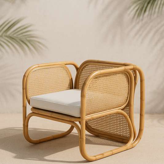 Woven chair with a white cushion on a neutral background