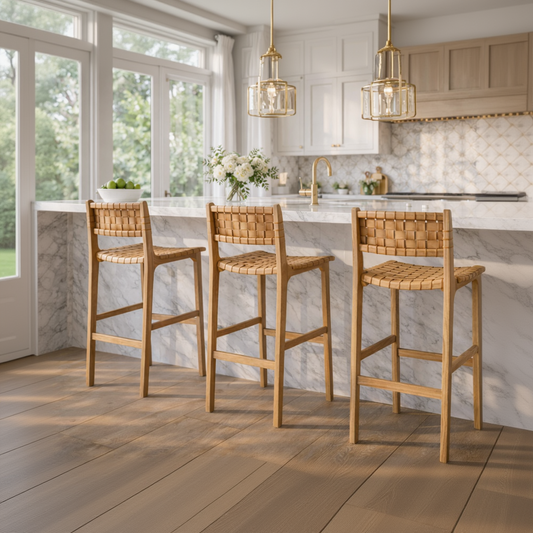 Michigan Woven Leather Bar Chair – Solid Teak Wood & Handcrafted Leather Stool