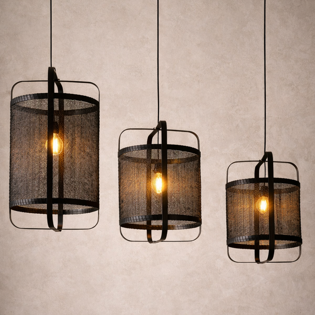 Three black pendant lights with mesh shades on a neutral background